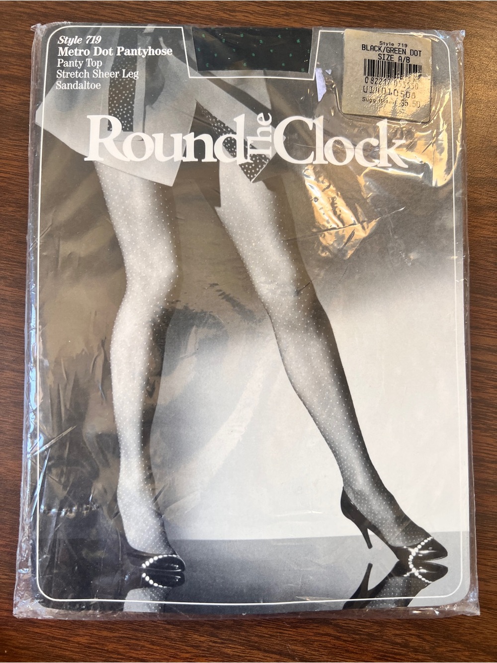 Vintage 1988 Round the Clock Sheer Black with Green Metrodot Pantyhose - Sz A/B